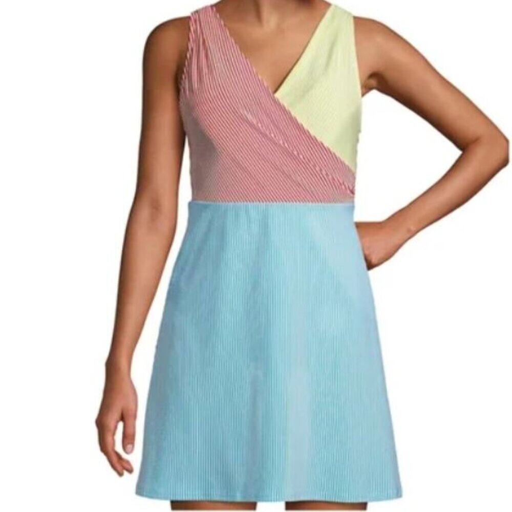 Lands' End Women's size 18 Surplice Swim Dress Seersucker Stripes Swimsuit